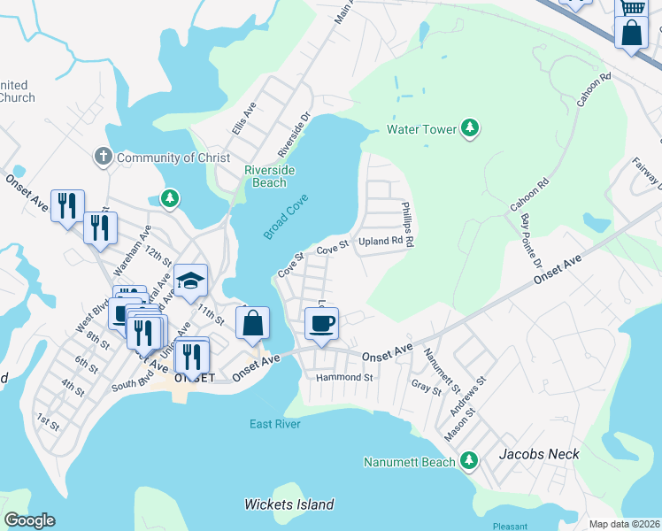 map of restaurants, bars, coffee shops, grocery stores, and more near 18 Cove Street in Marion