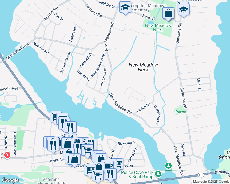 map of restaurants, bars, coffee shops, grocery stores, and more near 185 New Meadow Road in Barrington