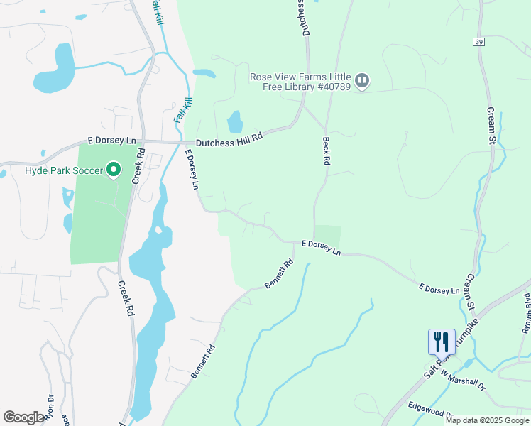 map of restaurants, bars, coffee shops, grocery stores, and more near 107 East Dorsey Lane in Poughkeepsie