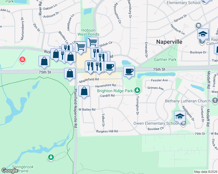 map of restaurants, bars, coffee shops, grocery stores, and more near 845 Havenshire Road in Naperville