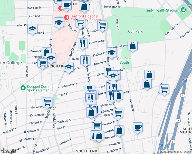map of restaurants, bars, coffee shops, grocery stores, and more near 49 Elliott Street in Hartford