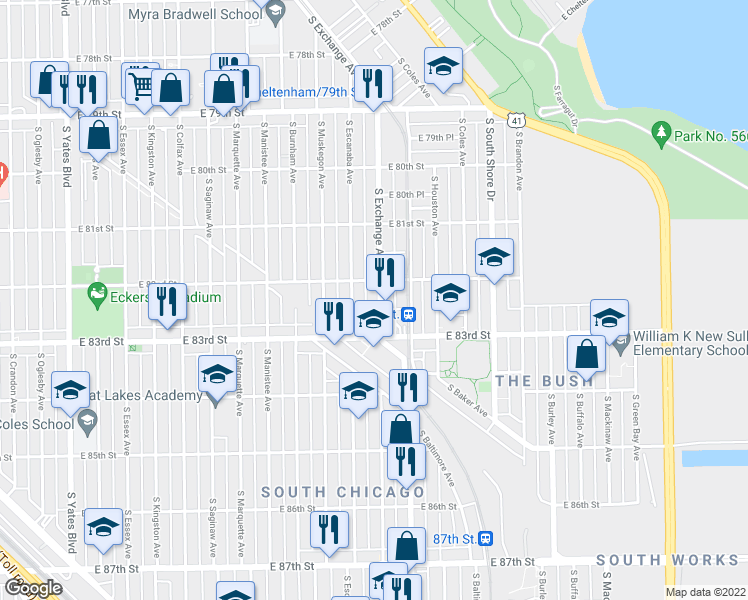 map of restaurants, bars, coffee shops, grocery stores, and more near 8216 South Exchange Avenue in Chicago