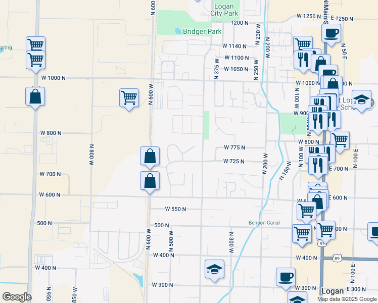 map of restaurants, bars, coffee shops, grocery stores, and more near 450 810 North in Logan