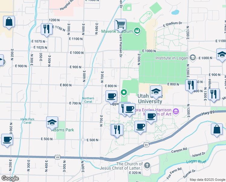 map of restaurants, bars, coffee shops, grocery stores, and more near 809 North 800 East in Logan