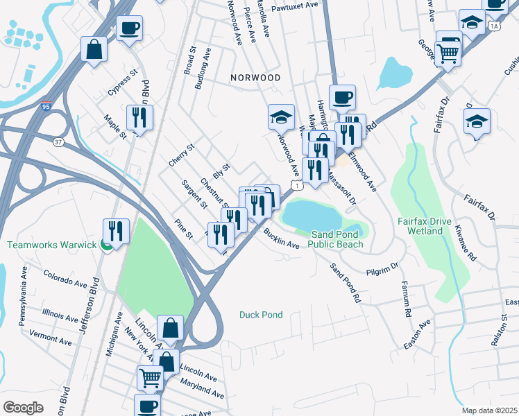map of restaurants, bars, coffee shops, grocery stores, and more near 1257 Post Road in Warwick