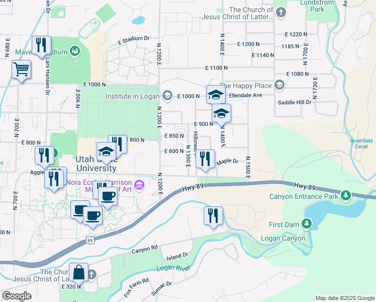 map of restaurants, bars, coffee shops, grocery stores, and more near East 850 North in Logan