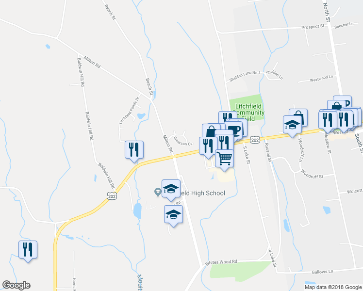 map of restaurants, bars, coffee shops, grocery stores, and more near 5 Emerson Court in Litchfield