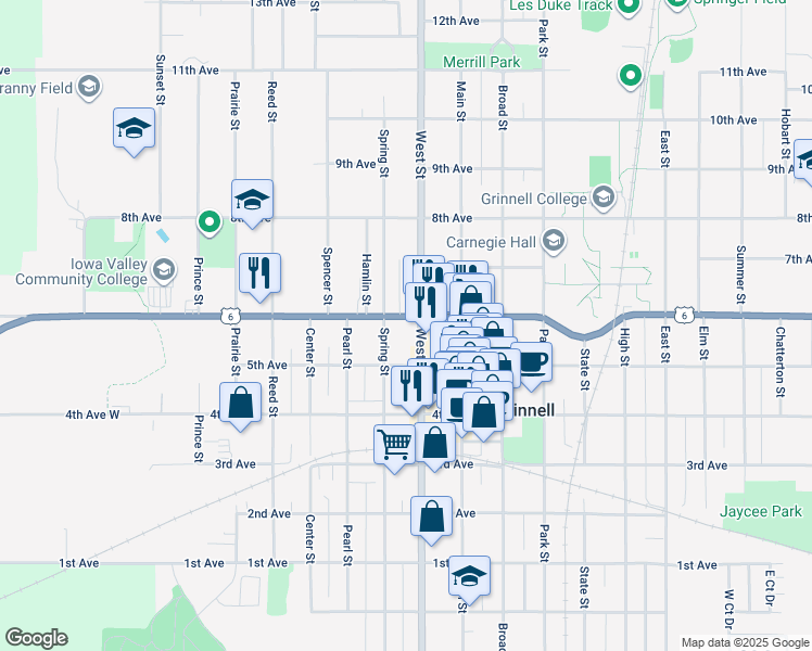 map of restaurants, bars, coffee shops, grocery stores, and more near 1100-1298 Spring Street in Grinnell