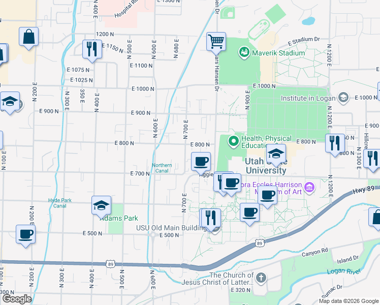 map of restaurants, bars, coffee shops, grocery stores, and more near 723 East 800 North in Logan