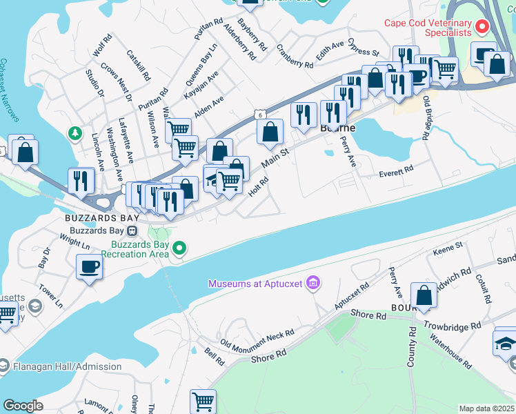 map of restaurants, bars, coffee shops, grocery stores, and more near 25 Thomas Avenue in Bourne