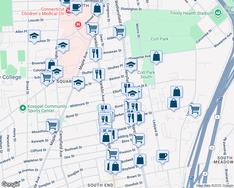 map of restaurants, bars, coffee shops, grocery stores, and more near 22 Elliott Street in Hartford