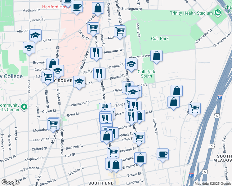map of restaurants, bars, coffee shops, grocery stores, and more near 22 Elliott Street in Hartford