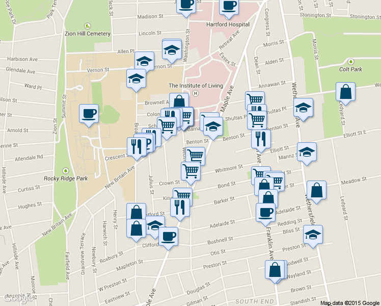 map of restaurants, bars, coffee shops, grocery stores, and more near in Hartford