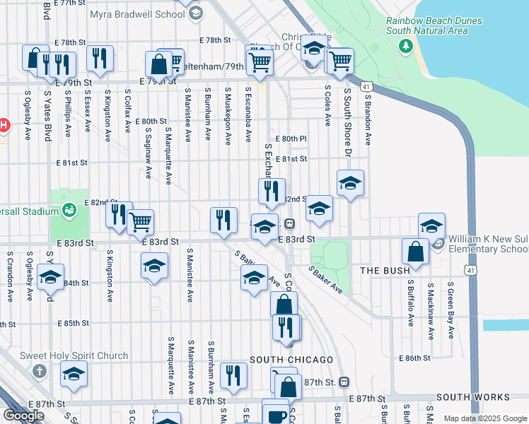 map of restaurants, bars, coffee shops, grocery stores, and more near 8159 South Escanaba Avenue in Chicago