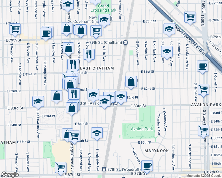 map of restaurants, bars, coffee shops, grocery stores, and more near 8141 South Ellis Avenue in Chicago