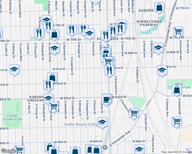 map of restaurants, bars, coffee shops, grocery stores, and more near 8114 South Peoria Street in Chicago
