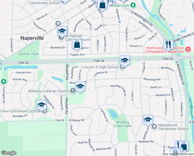 map of restaurants, bars, coffee shops, grocery stores, and more near 239 Terrance Drive in Naperville
