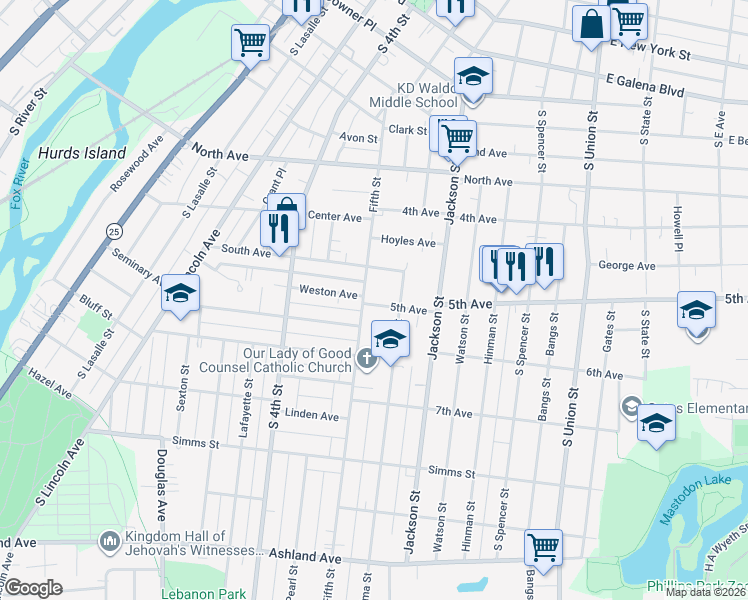 map of restaurants, bars, coffee shops, grocery stores, and more near 504 5th Avenue in Aurora