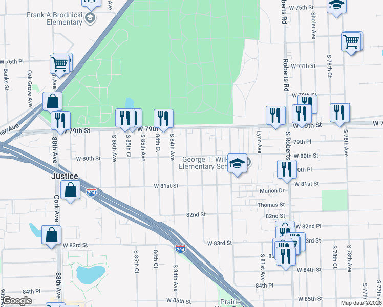 map of restaurants, bars, coffee shops, grocery stores, and more near 7926 South 83rd Avenue in Justice