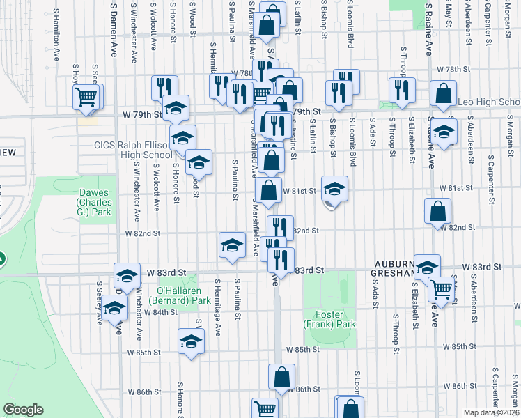 map of restaurants, bars, coffee shops, grocery stores, and more near 8101 South Marshfield Avenue in Chicago
