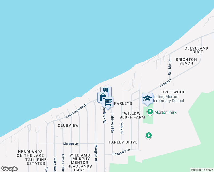 map of restaurants, bars, coffee shops, grocery stores, and more near 9134 Headlands Road in Mentor