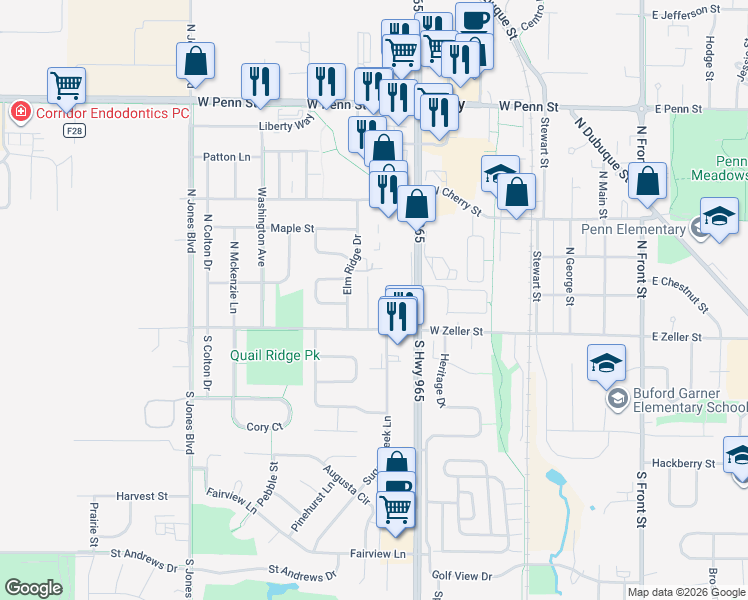 map of restaurants, bars, coffee shops, grocery stores, and more near 184 Elm Ridge Drive in North Liberty