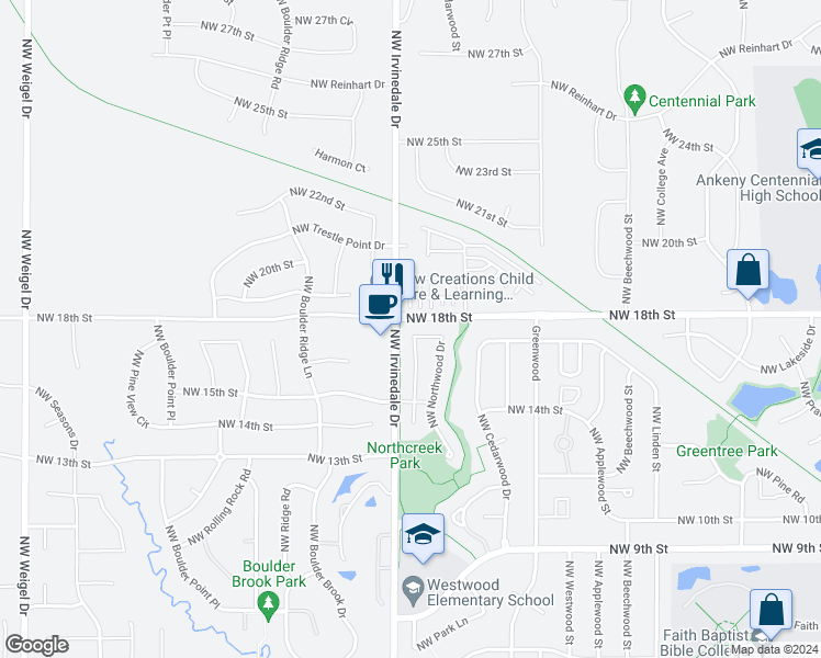 map of restaurants, bars, coffee shops, grocery stores, and more near 2910 Northwest 17th Court in Ankeny