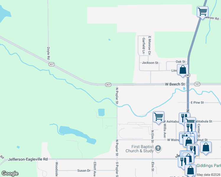 map of restaurants, bars, coffee shops, grocery stores, and more near 819 Ohio 307 in Jefferson