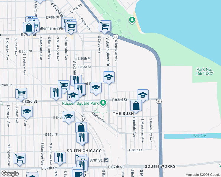 map of restaurants, bars, coffee shops, grocery stores, and more near 8159 South South Shore Drive in Chicago