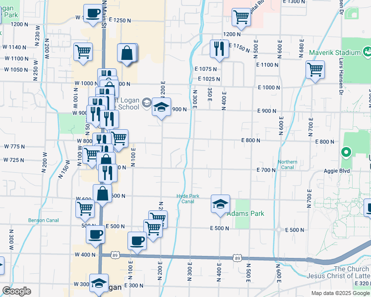 map of restaurants, bars, coffee shops, grocery stores, and more near 790 North 250 East in Logan