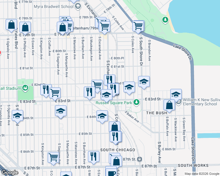 map of restaurants, bars, coffee shops, grocery stores, and more near 8211 South Exchange Avenue in Chicago