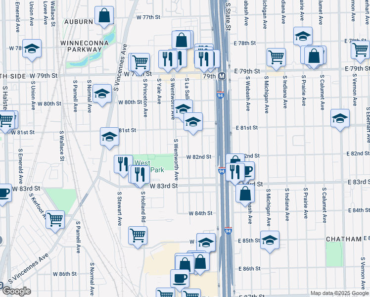 map of restaurants, bars, coffee shops, grocery stores, and more near 8124 South La Salle Street in Chicago