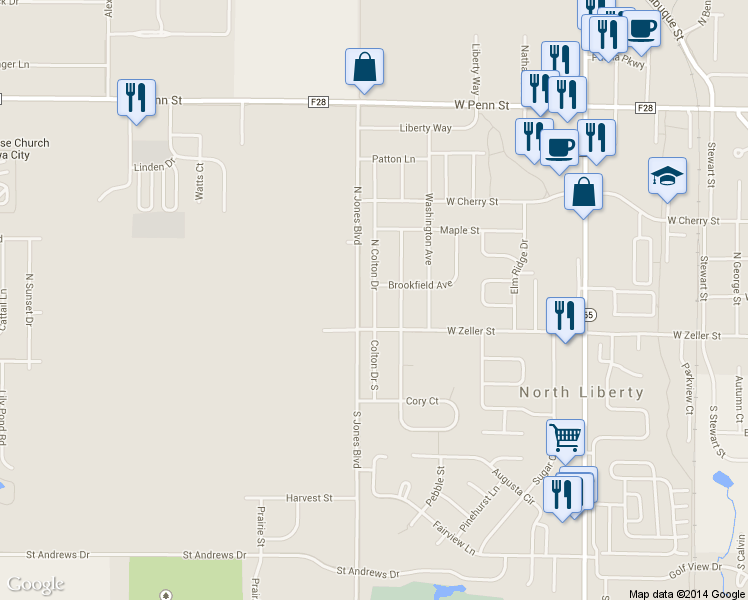 map of restaurants, bars, coffee shops, grocery stores, and more near 115 North Colton Drive in North Liberty