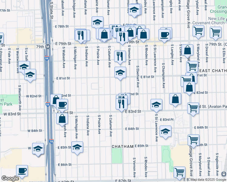 map of restaurants, bars, coffee shops, grocery stores, and more near 8126 South Calumet Avenue in Chicago