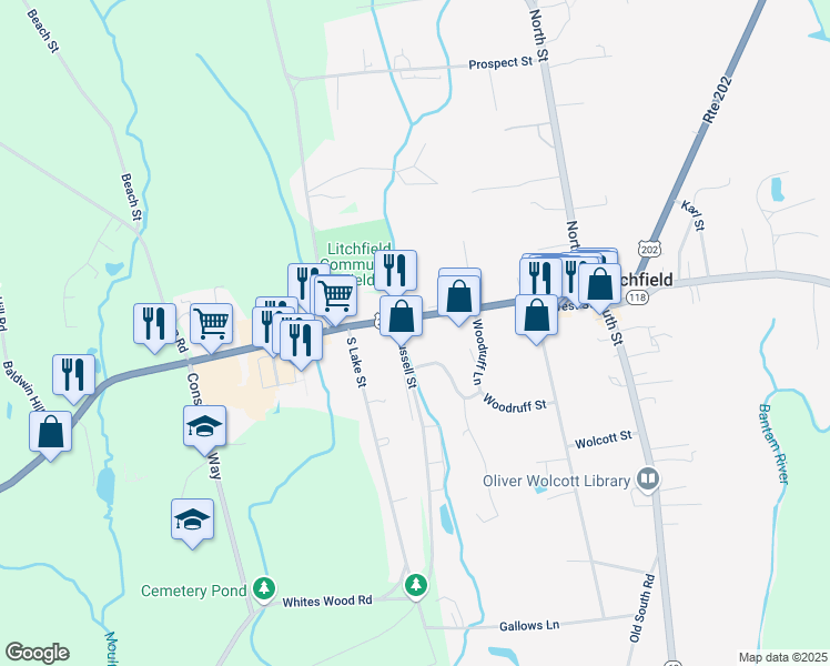 map of restaurants, bars, coffee shops, grocery stores, and more near 169 West Street in Litchfield