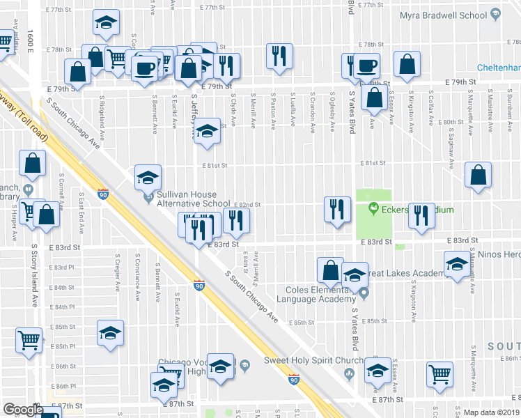 map of restaurants, bars, coffee shops, grocery stores, and more near 8154 South Paxton Avenue in Chicago
