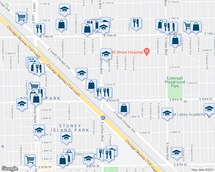 map of restaurants, bars, coffee shops, grocery stores, and more near 8153 South Chappel Avenue in Chicago