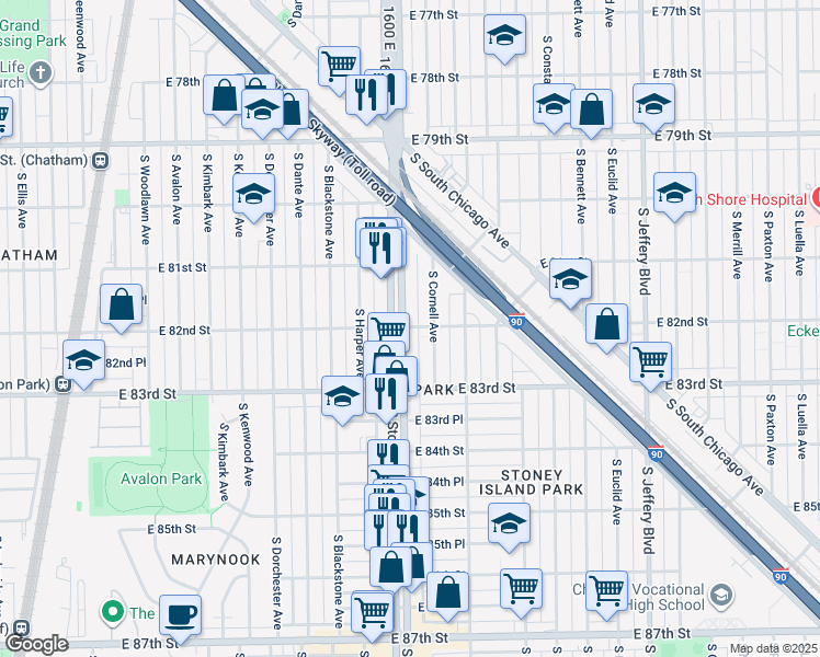 map of restaurants, bars, coffee shops, grocery stores, and more near 8145 South Stony Island Avenue in Chicago