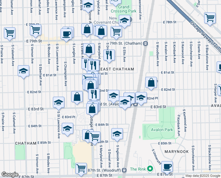 map of restaurants, bars, coffee shops, grocery stores, and more near 8142 South Drexel Avenue in Chicago