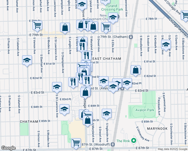 map of restaurants, bars, coffee shops, grocery stores, and more near 8142 South Drexel Avenue in Chicago