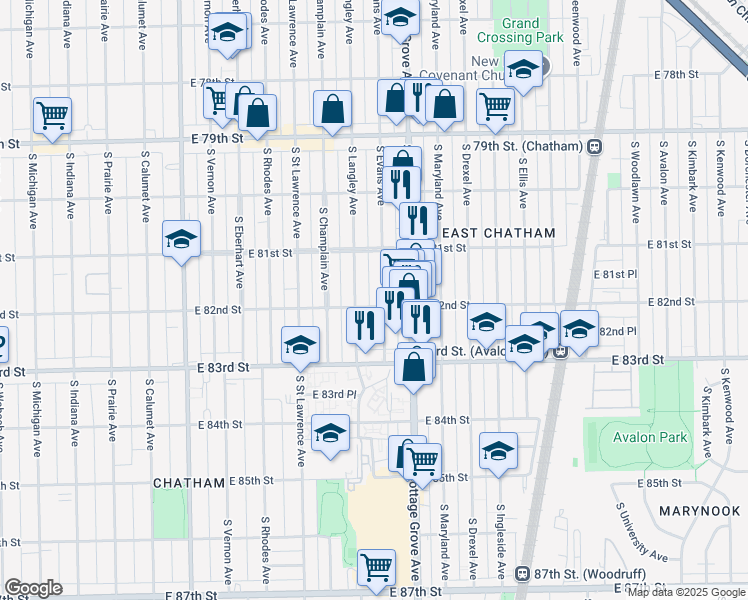 map of restaurants, bars, coffee shops, grocery stores, and more near 8137 South Evans Avenue in Chicago