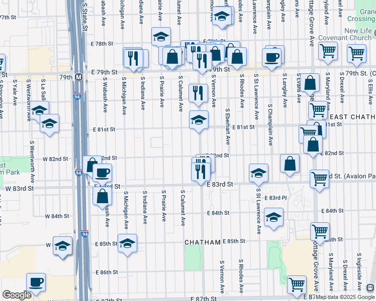 map of restaurants, bars, coffee shops, grocery stores, and more near 8126 South Calumet Avenue in Chicago
