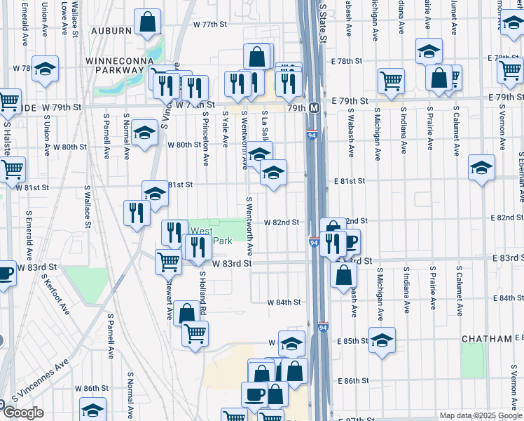 map of restaurants, bars, coffee shops, grocery stores, and more near 8124 South La Salle Street in Chicago