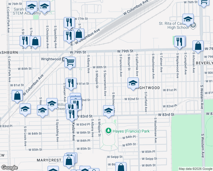 map of restaurants, bars, coffee shops, grocery stores, and more near 8052 South Sacramento Avenue in Chicago