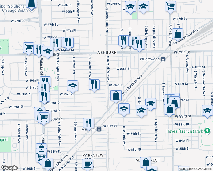 map of restaurants, bars, coffee shops, grocery stores, and more near 3609 West 80th Place in Chicago
