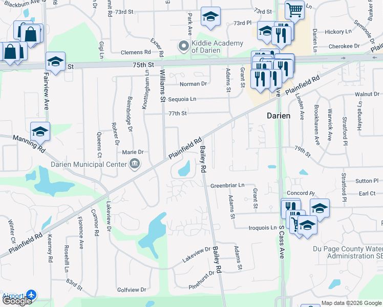 map of restaurants, bars, coffee shops, grocery stores, and more near 1510 Plainfield Road in Darien