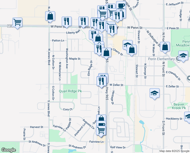 map of restaurants, bars, coffee shops, grocery stores, and more near 184 Elm Ridge Drive in North Liberty