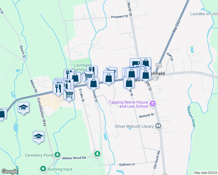 map of restaurants, bars, coffee shops, grocery stores, and more near 125 West Street in Litchfield