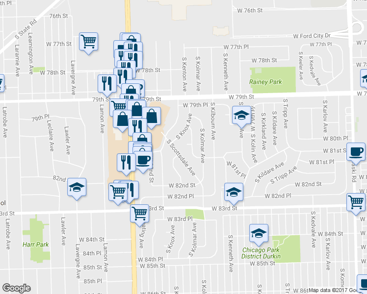 map of restaurants, bars, coffee shops, grocery stores, and more near 8048 South Kenton Avenue in Chicago