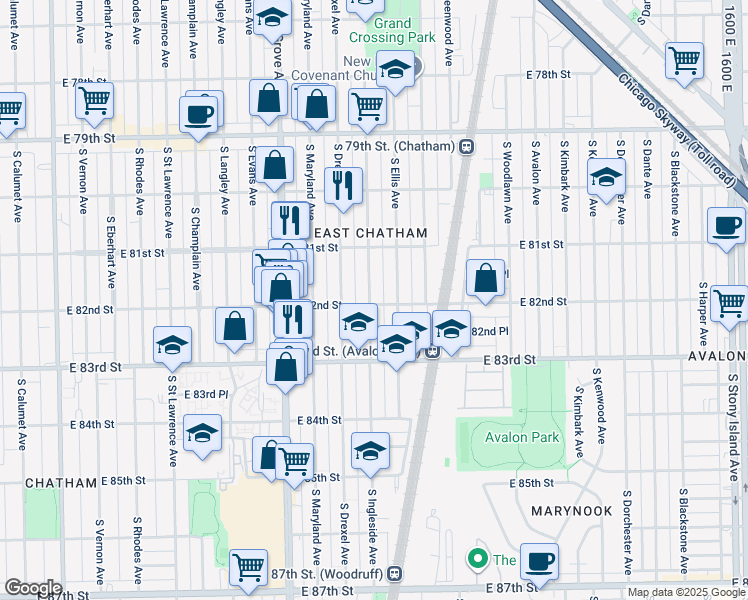 map of restaurants, bars, coffee shops, grocery stores, and more near 8155 South Ingleside Avenue in Chicago